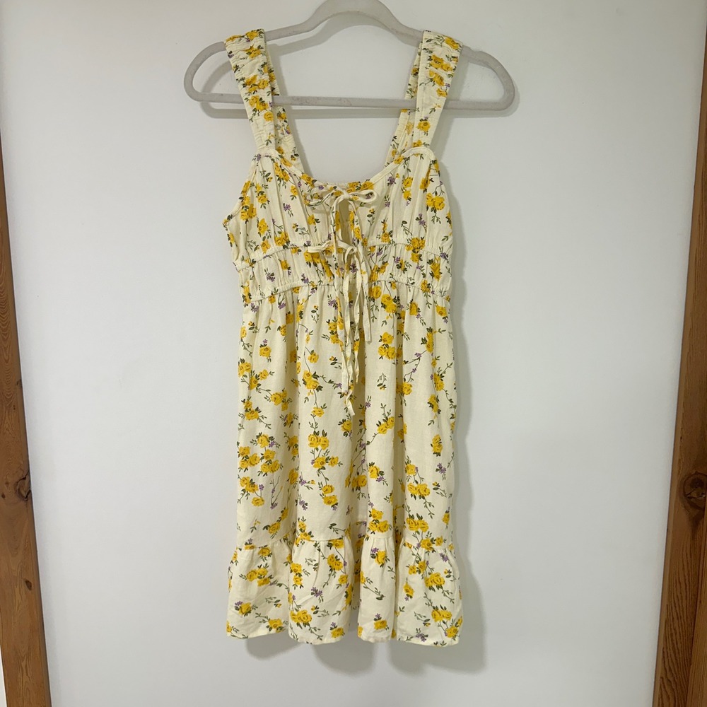 Sim & Sam Mini Dress Womens Medium Yellow Floral Rayon Linen Ruffle Cottagecore